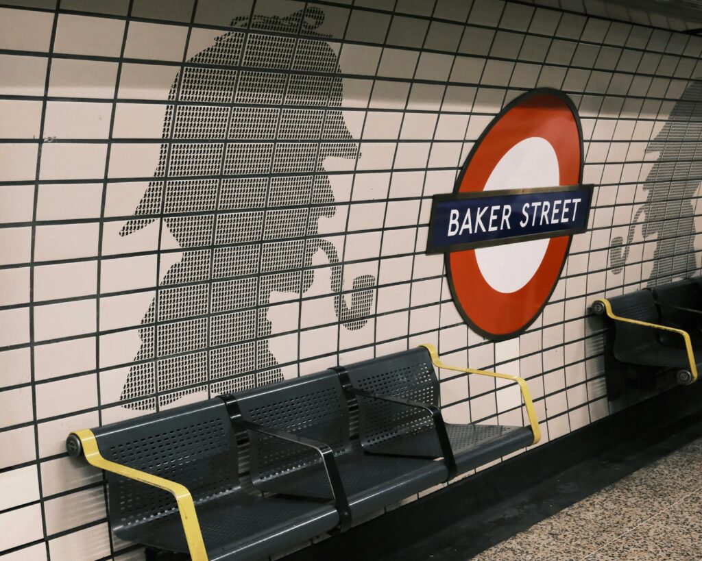Silhouette of Sherlock Holmes at Baker Street Station, London Tube.